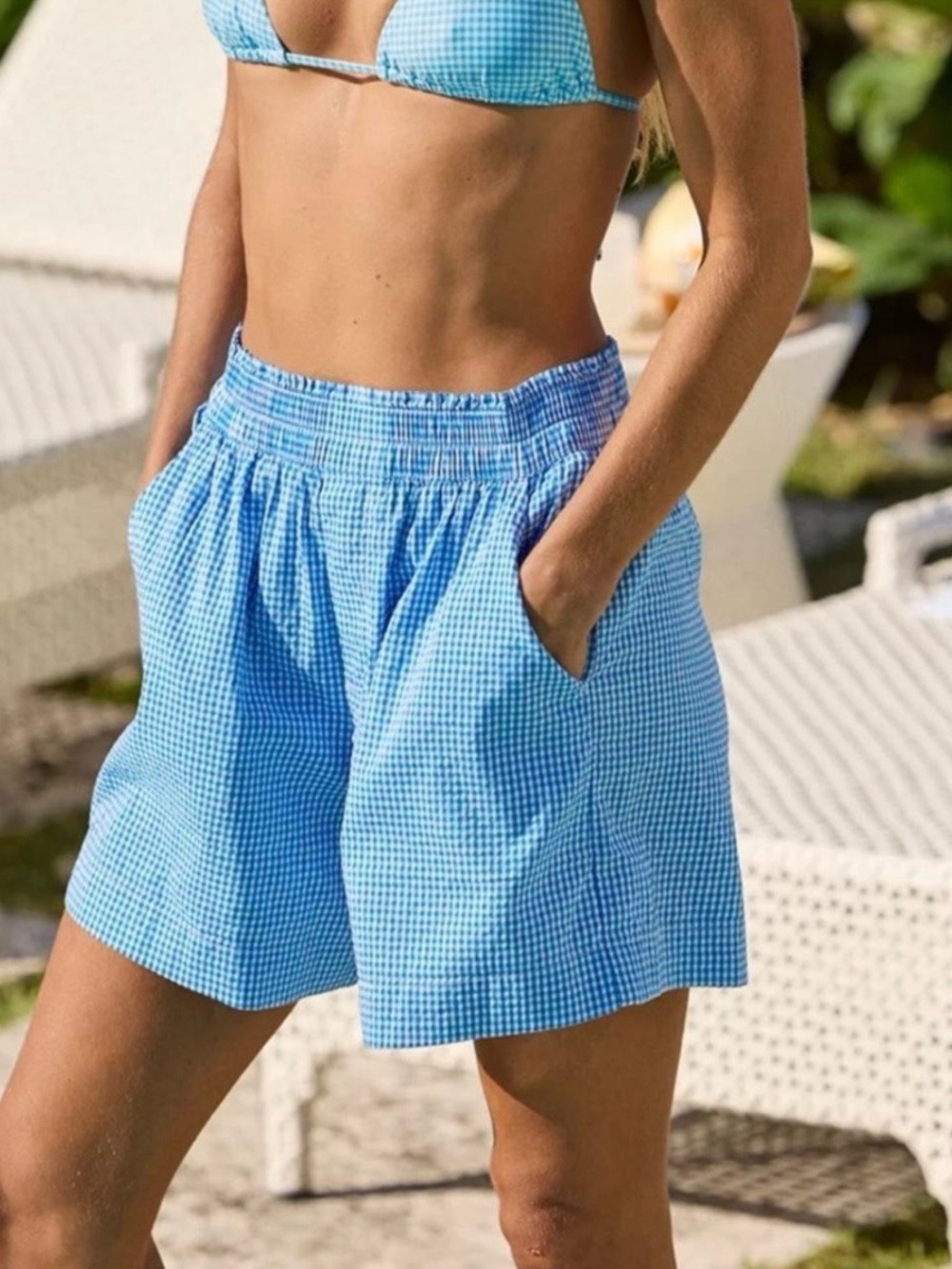 Aerie High-Rise Gingham Shorts Blue & White, size L, like new!